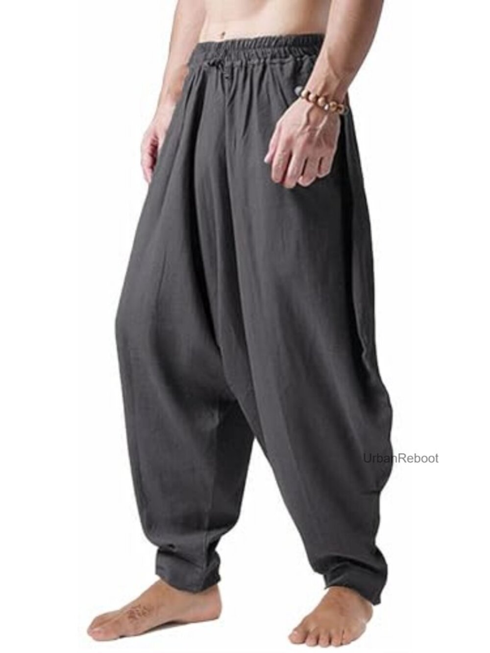 Men's Cotton Harem Pants Loose Drop Crotch Hippie Trouser Drawstring - Picture 2 of 4